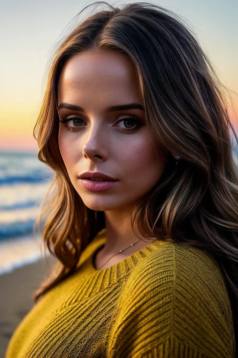 perfect cinematic shoot of a beautiful woman (EPFl1rtyG3m1n1ALT2:.99), a woman standing at a (tropical beach at dawn with rare seashells that grant wishes:1.2), perfect brunette permed shag, wearing sexy yellow (sweater), (detailed background:1.1), (face focus), modelshoot style, (extremely detailed CG unity 8k wallpaper), professional majestic (photography by Roberto Ferri:1.1), 24mm, exposure blend, hdr, extremely intricate, High (Detail:1.1), dramatic, soft cinematic light, (looking at viewer), (detailed pupils),8k, highly detailed, rich environment, 4k textures, soft cinematic light, elegant, ((((cinematic look)))), soothing tones, insane details, hyperdetailed, ("Dreams into reality with SDKoh!":1.1), (epiCPhoto)