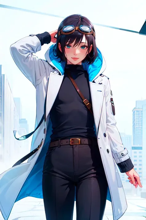 <lora:Gonza_style_v01:0.85> cowboy shot,, ultra detailed, masterpiece, best quality, aesthetic, detailed,, ultra detailed, masterpiece, best quality, solo, smile, 1boy, green eyes, short hair, black hair, bangs, hair between eyes, messy hair, (goggles on head:1.2),, headband, white coat, hooded coat, hood down, open coat, turtleneck, capri pants, pants, black knee boots,