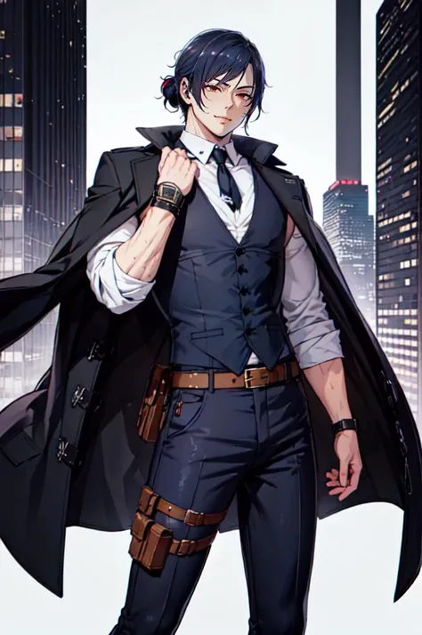 <lora:Gonza_style_v01:0.85>  cowboy shot,, ultra detailed, masterpiece, best quality, aesthetic, detailed,, solo, smug smile, 1boy, red eyes, <lora:Tsurime3:0.7>, (tsurime:1.2), black hair, undercut, top knot, parted bangs, long bangs, bangs, short hair, hair intakes, tall,, <lora:StS-Coat-and-Jacket-On-Shoulders-Iteration2:0.7> dataset, jacket on shoulders, (coat on shoulders:1.3), black coat, dress shirt, sleeves rolled up, fingerless gloves, holster, pants, belt, multiple belts, combat boots, bulletproof vest, tactical clothes,