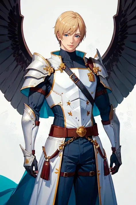 <lora:Gonza_style_v01:0.85> cowboy shot,, ultra detailed, masterpiece, best quality, aesthetic, detailed,, solo, smile, 1boy, blue eyes, medium blonde hair, parted bangs, hair intakes, male focus, muscular male,, armor, pauldrons, cuirass, gauntlets, waist cape, greaves, black bodysuit, surcoat, shoulder sash, wing shoulder armor, cape, pants,