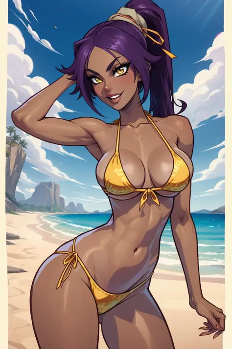 Dark-skinned woman, purple hair,muscled body, wearing a beach hat, wearing a bikini and beach skirt, all wet, having ice cream 