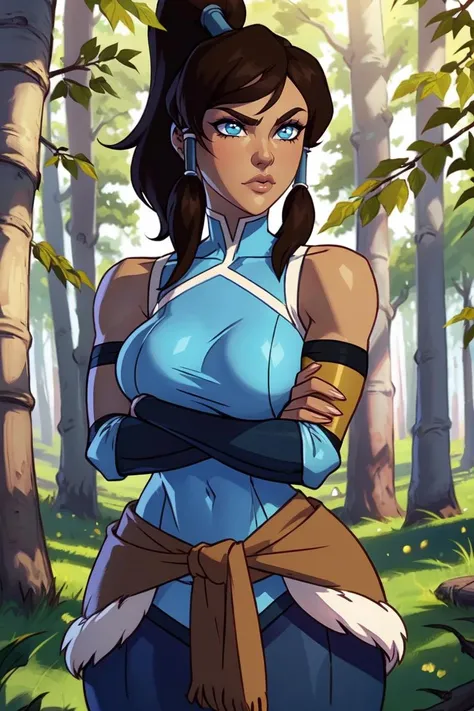 (head fully in frame:1.3), (crossed arms:1.4), (beautiful face:1.5), (cowboy shot:1.3), looking to the side, beautiful eyes, curvy, (large breasts:1.3), (wide hips:0,9), narrow waist, <lora:Kajinman [MockAi - v1.0]:0.7> kajin, shiny skin, oily skin, <lora:Korra [Konan - v2.0]:0.8> korra, long hair, (brown hair:1.2), black hair, blue eyes, ponytail, dark skin, dark-skinned female, topknot, (hair tubes:1.4), fur-trimmed jacket around waist, (blue halterneck top:1.3), armlet, vambraces, (bare shoulders:1.3), (arm_warmers:1.3), sleeveless, (inside forest:1.3), (birch trees:1.2), daylight, light coming through trees,