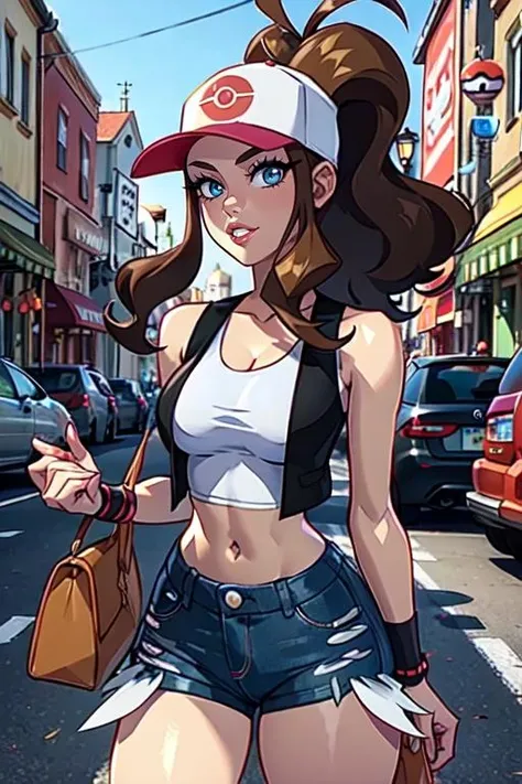 (head fully in frame:1.3), (beautiful face:1.5), (cowboy shot:1.3), looking to the side, beautiful eyes, curvy, (large breasts:1.3), (wide hips:0,9), narrow waist, (midriff:1.2), <lora:Kajinman [MockAi - v1.0]:0.7> kajin, shiny skin, oily skin,, <lora:Hilda [Numeratic - v1.0]:0.85> def1, hilda \(pokemon\), denim shorts, sleeveless shirt, (white shirt:1.3), black vest, navel, baseball cap, brown hair, ponytail, sidelocks, blue eyes, young female,, (small town street:1.2), medium size semi modern buildings, japanese small city, wending machine, car, (kanji:0.5), (katakana:0.5),