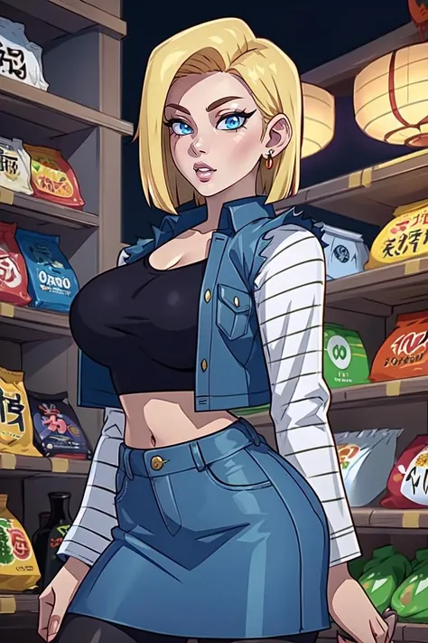(head fully in frame:1.3), (beautiful face:1.5), (cowboy shot:1.3), looking to the side, beautiful eyes, curvy, (large breasts:1.3), (wide hips:0,9), narrow waist, (midriff:1.2), <lora:Kajinman [MockAi - v1.0]:0.7> kajin, shiny skin,, <lora:DB - Android 18 [h_madoka - v1.0]:0.55> and18, 1girl, android 18, solo, blonde hair, blue eyes, short hair, earrings, jewelry, denim vest, open vest, black pantyhose, black shirt, denim skirt, striped long sleeves, blue skirt, large breasts, (japanese convenience store:1.4), (inside:1.3), modern, (konbini), shelves, groceries,