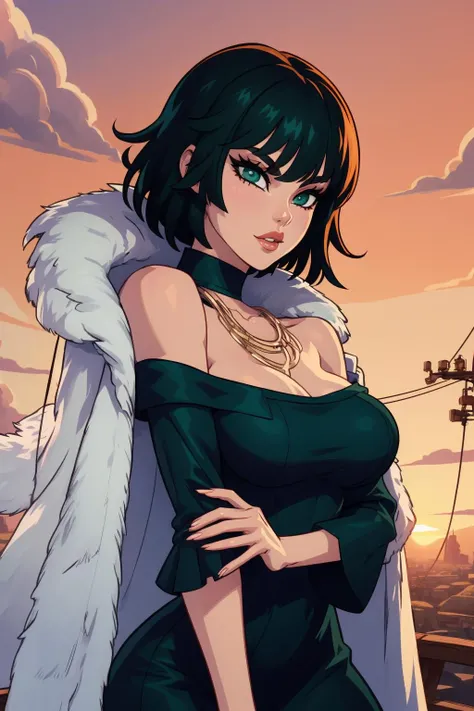 1girl, (solo:1.2), (standing:1.3), (posing for the camera:1.3), (cowboy shot:1.5), smile, happy, at ease, (curvy:1.2), (masterpiece:1.3), (best quality:1.3), (perfect anatomy:1.4), highly detailed, <lora:Maenoo [MockAI - v1.0]:0.8> semi-realistic artstyle, vibrant, soft shading, expressive, <lora:Fubuki [nochekaiser881 - v1.0]:1> fubuki, black hair, green eyes, short hair,, black dress, dress, fur coat, high collar, jewelry, necklace, off shoulder, taut clothes, taut dress, (orange sky:1.2), (cowboy scenery:1.2), (sunset:1.4), outside, summer