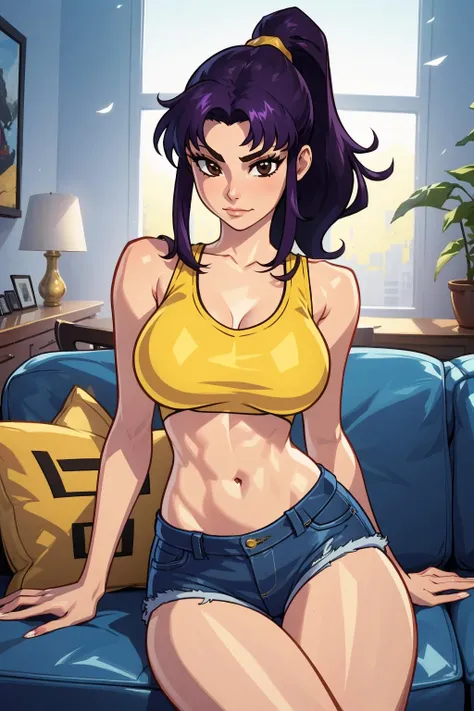 score_9, score_8_up, score_7_up, source_anime, 1girl, crop top, no bra, black leather jacket, front view, huge breasts, denim shorts, no panties, korra, adjusting hair, seductive, seductive sinister, seductive pose, ass, laying Down, on all fours