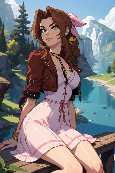 1girl, (solo:1.2), curvy, (closed mouth:1.5), (cowboy shot:1.4), (large breasts:1.2), (soft shading:1.2), (masterpiece:1.3), (best quality:1.3), (perfect anatomy:1.4), highly detailed, <lora:Kajinman [MockAi - v2.0]:0.8> kajin, shiny skin, comic style, clean lineart, (lakeside sitting area:1.2), (daylight:1.2), summer, outside, trees, bushes, <lora:Aerith Gainsborough [novowels - v1.0]:0.9> aerith gainsborough, brown hair, long hair, braided hair choker, cropped jacket, hair bow, bracelet, pink dress, brown boots