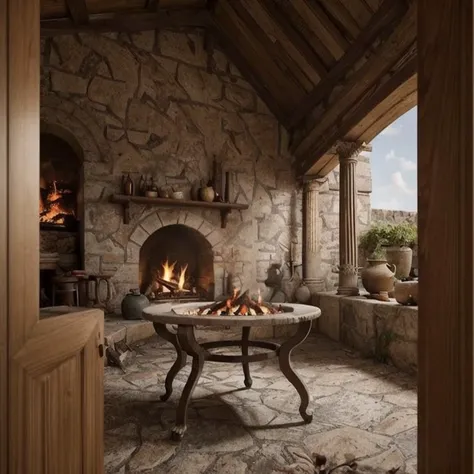 (masterpiece:1.2), (best quality,:1.2), 8k, HDR, ultra detailed, ((photorealistic)), professional light, cinematic lighting, fashion photography, ambient lighting, face lighting, <lora:detail_slider_v4:1>, Fantasy picture, OverallDetail, a room with a fireplace and a table and chairs in it, RomInt, <lora:RomanInterior-10:1>, epiCPhoto