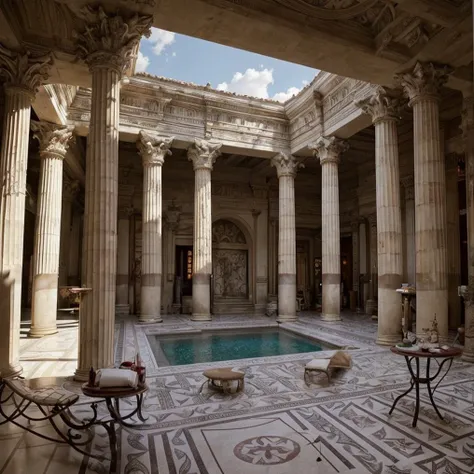 (masterpiece:1.2), (best quality,:1.2), 8k, HDR, ultra detailed, ((photorealistic)), professional light, cinematic lighting, fashion photography, ambient lighting, face lighting, <lora:detail_slider_v4:1>, Fantasy picture, OverallDetail, ancient roman room with columns and a skylight above it and a pool in the middle of the room with a blue floor, RomInt, <lora:RomanInterior-10:1>, epiCPhoto