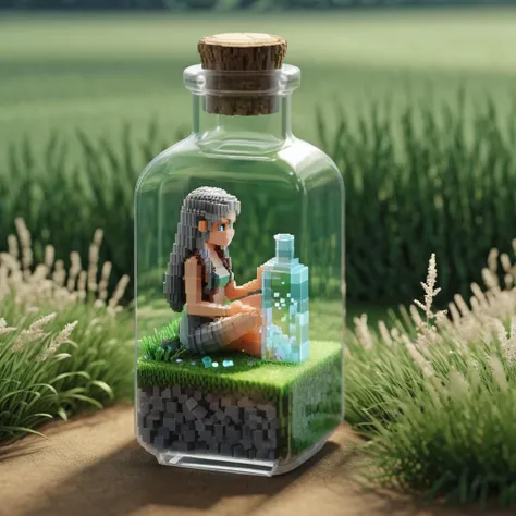 voxel syle,1girl,long gray hair,girl sitting inside a long crystal bottle,bottle with stopper,water in bottle,grass,
background,extremely detailed,natural lighting,film grain,<lora:last:1>,