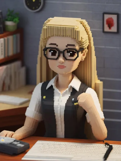 <lora:VoxelXL_v1:1> voxel style - a lewd lady with blonde messy hair, wearing glasses and tight skirt with pantyhose, nose blush, half-closed eyes, open mouth, lying on her desk, back down, spread her legs, front view, full body, solo