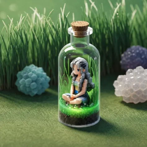 Masterpiece, Best quality, beautiful 1 fairy, sitting on your knees inside a beautiful glass transparent bottle, visible in full growth, you can clearly see both the bottle and the fairy inside, long unusual shining hair, big beautiful eyes of unusual color, the skin shines with light, the background around is water, glowing fluorescent flowers, air bubbles, fireflies