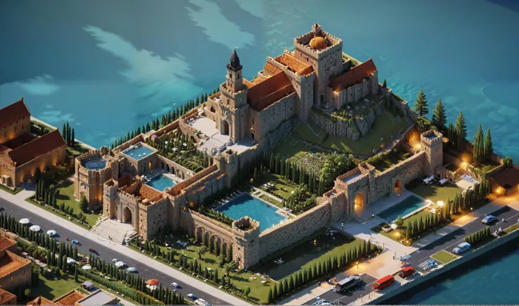 voxel syle, <lora:VoxelXL_v1:1>, aerial view, panoramic, wide angle, film, bokeh, professional, 4k, highly detailed, a beautiful complex ancient city with a huge exoticism castle in the middle, volumetric lighting, ray tracing, vintage film, film grain, global illumination, reflection materials, pixelated and minimalist, vibrant colors, intricately detailed, high resolution, 2500mm F1.6, epic scene by MagicaVoxel, pixel art, voxel-based art style, photorealistic, night