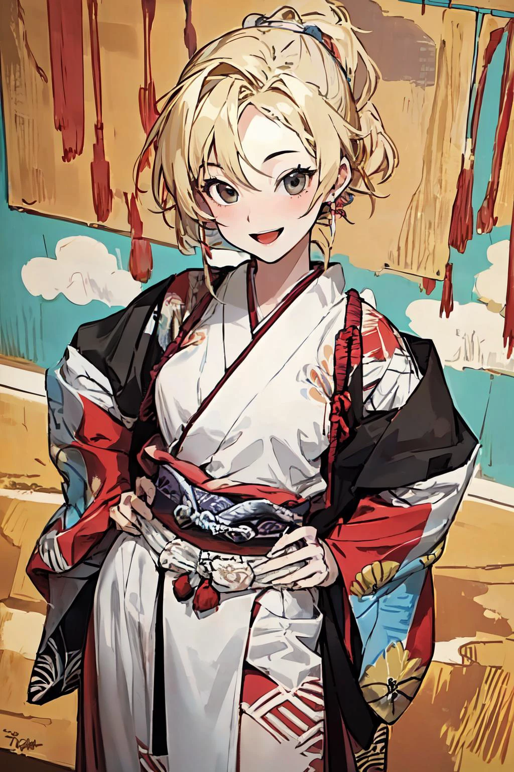 <lora:Kabuki:0.78> cowboy shot, navel, front view, :D, japanese clothes, blonde hair, from above, stylish pose, hands on hip,
(best quality, masterpiece, RAW photo,ultra-detailed:1.2), <lyco:GoodHands-beta2:1.0>,1girl,solo,looking at viewer,smile