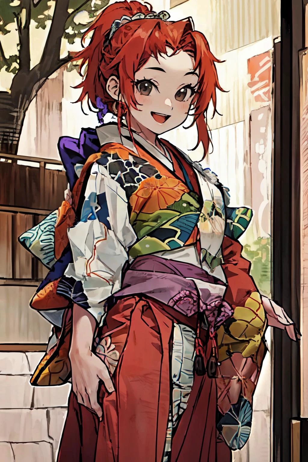 <lora:Kabuki:1> cowboy shot, navel, front view, :D, japanese clothes,
(best quality, masterpiece, RAW photo,ultra-detailed:1.2), <lyco:GoodHands-beta2:1.0>,1girl,solo,looking at viewer,smile