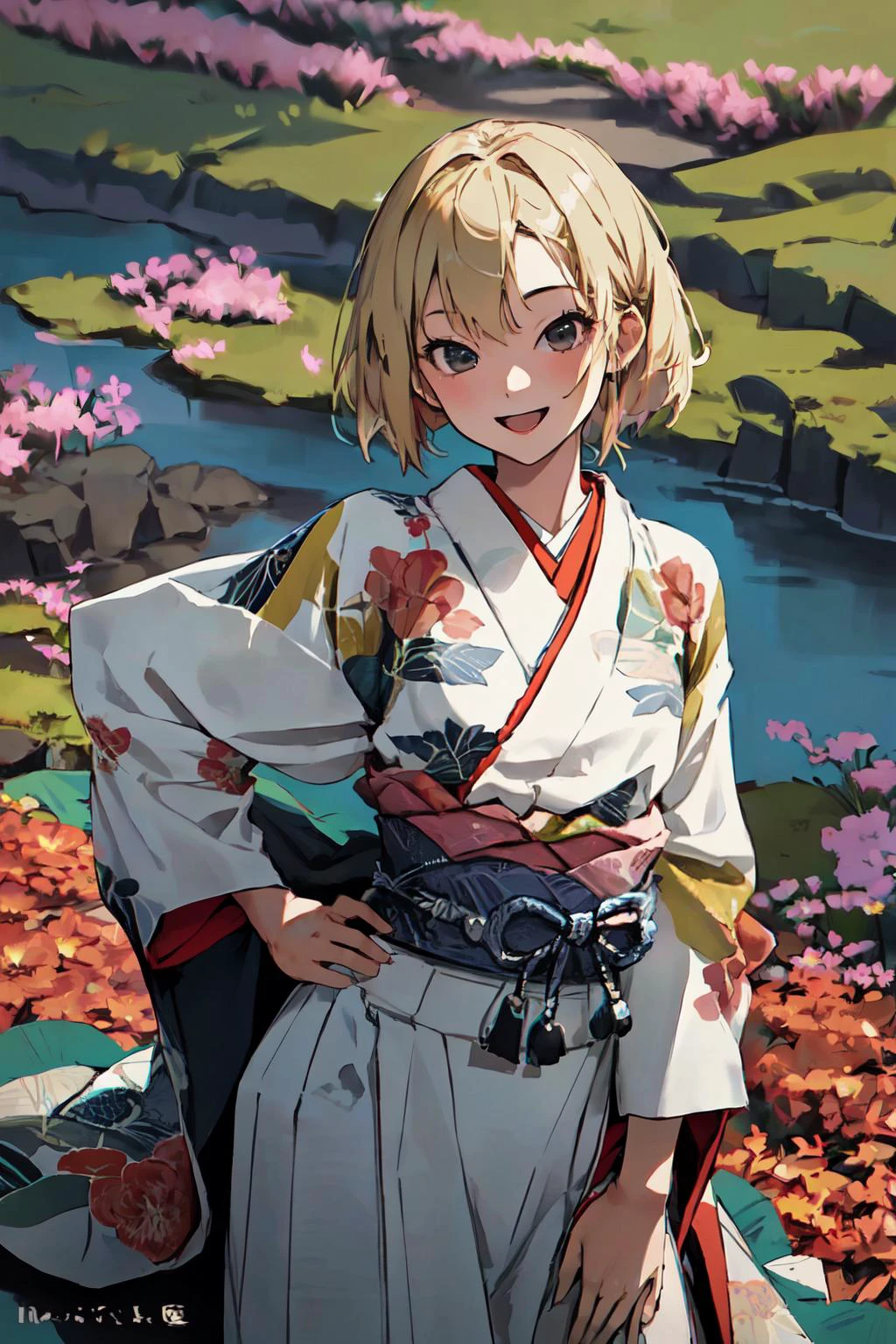 <lora:Kabuki:0.78> cowboy shot, navel, front view, :D, japanese clothes, blonde hair, from above, stylish pose, hands on hip, flowers,
(best quality, masterpiece, RAW photo,ultra-detailed:1.2), <lyco:GoodHands-beta2:1.0>,1girl,solo,looking at viewer,smile