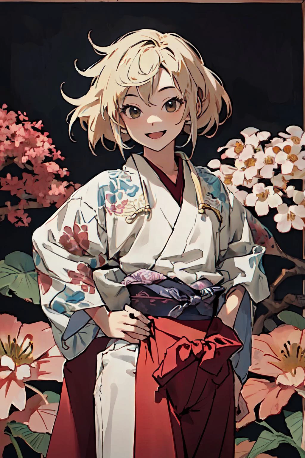 <lora:Kabuki:0.88> cowboy shot, navel, front view, :D, japanese clothes, blonde hair, from above, stylish pose, hands on hip, flowers,
(best quality, masterpiece, RAW photo,ultra-detailed:1.2), <lyco:GoodHands-beta2:1.0>,1girl,solo,looking at viewer,smile