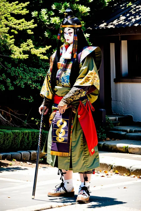 a man in a costume walking down a street , holding, standing, weapon, outdoors, multiple boys, sword, holding weapon, armor, polearm, spear, geta , professional photography