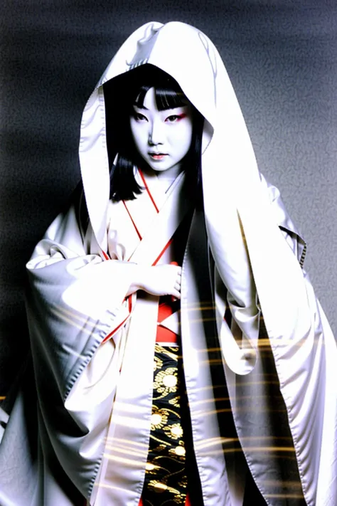a statue of a woman in a white robe , 1girl, solo, black hair, long sleeves, closed eyes, japanese clothes, hood, wide sleeves, kimono, pokemon (creature), black background, hood up, uchikake, wataboushi , professional photography