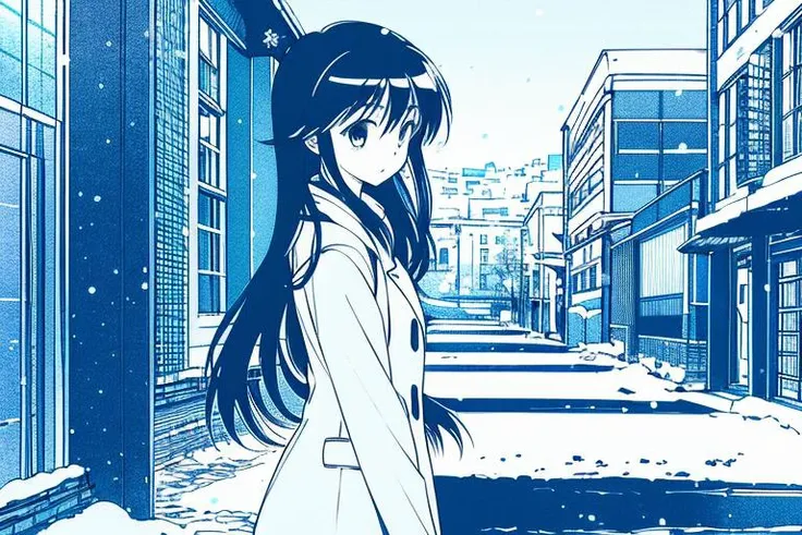 1girl,monochrome, solo,long hair, white coat, long coat, street, city, winter, snowing, hands in pockets, <lora:Pia_rough:1>, masterpiece, best quality,