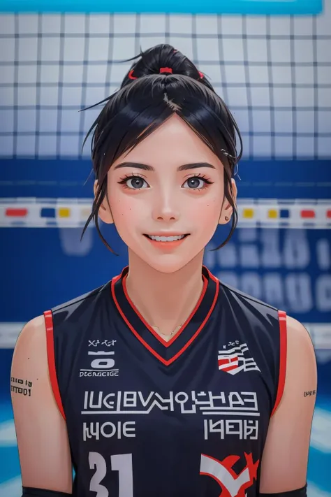 anime artwork photo of (parkhyemin), black eyes, detailed skin, (black ponytail), (HairDetail), smiling, (volleyball uniform), ((dynamic poses)). ((volleyball stadium)), taken with Fujifilm X-T3 with 50mm f1.5 lens, <lora:KRA_-_Park_Hye_Min_Red_Sparks:1> <lora:PAseer-SD15-LCM Quick:1> . anime style, key visual, vibrant, studio anime,  highly detailed