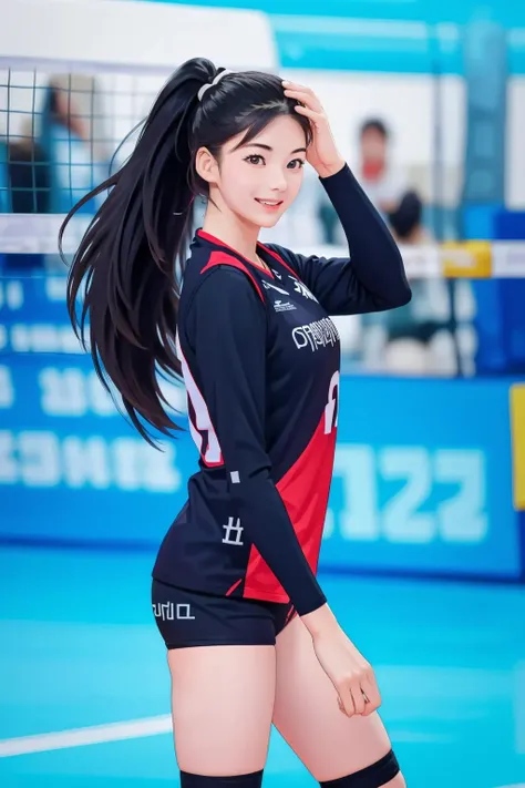 anime artwork photo of (parkhyemin), black eyes, detailed skin, (black ponytail), (HairDetail), smiling, (black volleyball uniform), ((dynamic poses)). ((volleyball stadium)), taken with Fujifilm X-T3 with 50mm f1.5 lens, <lora:KRA_-_Park_Hye_Min_Red_Sparks:1> <lora:PAseer-SD15-LCM Quick:1> . anime style, key visual, vibrant, studio anime, highly detailed