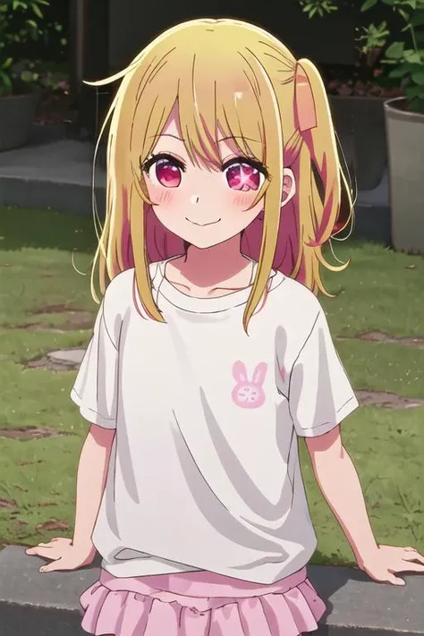 best quality, masterpiece, highres, solo, {ruby_oshinoko:1.15}, blonde_hair, bangs, long_hair, blush, closed_mouth, smile, closed_eyes, pink_eyes, pink_hair, 2girls, multiple_girls, shirt, child, outdoors, star-shaped_pupils, symbol-shaped_pupils, aged_down, open_mouth, star_\(symbol\)