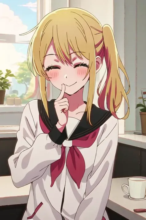 best quality, masterpiece, highres, solo, {ruby_oshinoko:1.15}, blonde_hair, bangs, long_hair, blush, closed_mouth, smile, closed_eyes