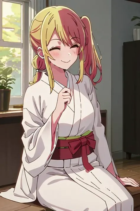 best quality, masterpiece, highres, solo, {white kimono:1.35}, {red hakama:1.35}, {wide sleeves:1.20}, {ruby_oshinoko:1.15}, blonde_hair, bangs, long_hair, blush, closed_mouth, smile, closed_eyes