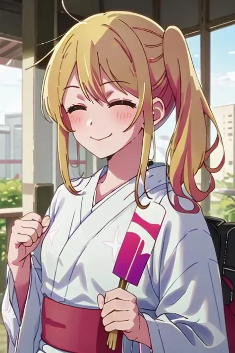 best quality, masterpiece, highres, solo, {yukata:1.40}, {kimono:1.20}, {ruby_oshinoko:1.15}, blonde_hair, bangs, long_hair, blush, closed_mouth, smile, closed_eyes
