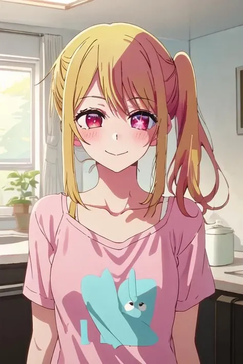 best quality, masterpiece, highres, solo, {ruby_oshinoko:1.15}, blonde_hair, bangs, long_hair, blush, closed_mouth, smile, closed_eyes, 1girl, black_shirt, looking_at_viewer, pink_eyes, shirt, side_ponytail, symbol-shaped_pupils, collarbone, indoors, upper_body, +_+, hair_between_eyes, star-shaped_pupils