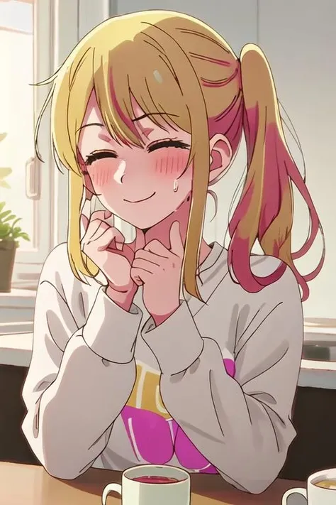 best quality, masterpiece, highres, solo, {ruby_oshinoko:1.15}, blonde_hair, bangs, long_hair, blush, closed_mouth, smile, closed_eyes, 1girl, hand_on_own_face, open_mouth, yellow_shirt, hand_on_own_cheek, long_sleeves, multicolored_hair, cup, holding, holding_cup, indoors, mug, shirt, sweat, sweatdrop, sweater, upper_body