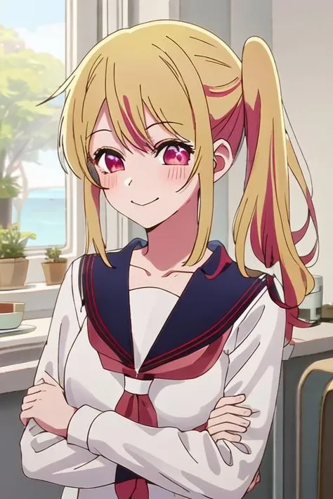 best quality, masterpiece, highres, solo, {ruby_oshinoko:1.15}, blonde_hair, bangs, long_hair, blush, closed_mouth, smile, closed_eyes, 1girl, holding, indoors, multicolored_hair, sailor_collar, school_uniform, serafuku, side_ponytail, sidelocks, +_+, long_sleeves, neckerchief, red_neckerchief, sparkling_eyes, upper_body, white_sailor_collar, looking_at_viewer, pink_eyes