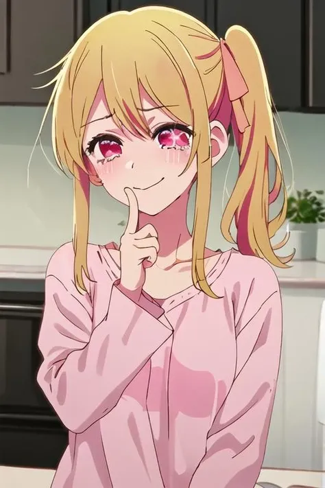 best quality, masterpiece, highres, solo, {ruby_oshinoko:1.15}, blonde_hair, bangs, long_hair, blush, closed_mouth, smile, closed_eyes, 1girl, looking_at_viewer, pink_eyes, close-up, hair_between_eyes, hair_ribbon, pink_ribbon, ribbon, red_eyes, shirt, tears