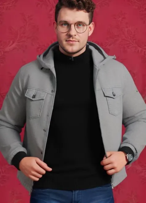 <lora:Vlori4:0.7> stas, men, ikakprosto, circle_glasses, grey jacket, black jeans, curly hair, red patterns on background, full body, pose <lora:circle-glasses_v1.1:0.9>