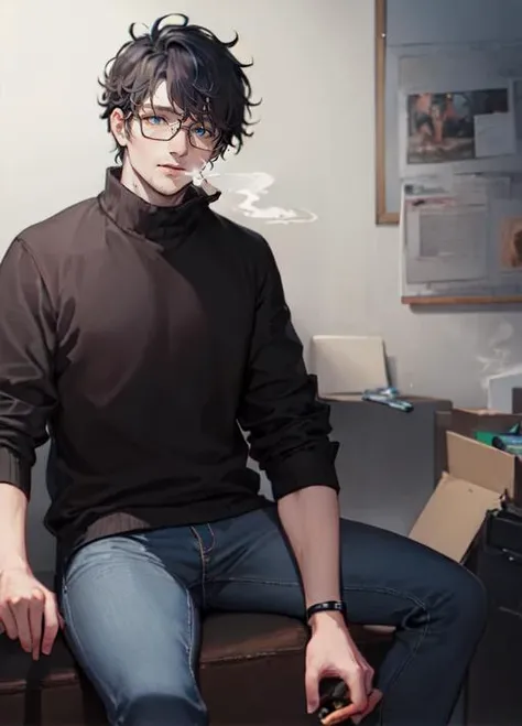 (anime), (illustration), cartoon, detailed, <lora:Vlori4:0.7> stas, men, ikakprosto, glasses, grey school jacket, black jeans, curly hair, room on background, (smokeing:1.3), smoke