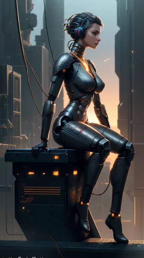 (masterpiece,best quality:1.3), (ultra-detailed:1.3), (highly detailed CG illustration), (an extremely delicate and beautiful), (highly detailed worn metal texture:1.3), (((cinematic look))), cinematic light, RAW photo, cinematic masterpiece, majestic epic composition, character focus, science fiction, ( scene), full shot, epic dynamic frame, dynamic pose, motion blur, sci-fi, cyber, rim light, film grain, natural skin texture, 8k textures, (machine made joints), mechanical limbs, blood vessels connected to tubes, mechanical vertebra attaching to back, ((mechanical cervical attaching to neck)), (wires and cables attaching to neck and body), (1mechanical girl), (((full body))), expressionless, sitting, from side, ABS, huge breast