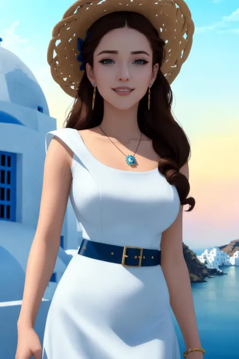 masterpiece, ultra-detailed, stunning art, illustration, 8k cg wallpaper, sharp focus, overexposed, 1girl, solo, perfect anatomy, cute face, smiling, cute makeup, sparkling eyes, deep brown eyes, beautiful detailed eyes, dark brown hair, long hair, hair down, small straw hat, cute hair accessories, cute earrings, cute necklace, slim body, large breasts, cute white dress, perfect arms, perfect hands, perfect fingers, cute arm accessories, cute hand accessories, cute belt, perfect legs, cute, pretty, beautiful, sexy, perfect body, (background: Santorini, white buildings, blue domes, sea, blue sky, clouds, sun, intricately detailed items in background)