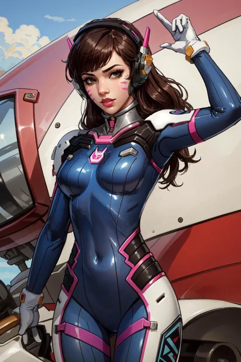 (masterpiece, best quality),  intricate details,
1girl,   <lora:dva:0.8> 1girl, d.va (overwatch), solo, long hair, whisker markings, bodysuit, brown hair, facial mark, gloves, breasts, brown eyes, pilot suit, cowboy shot, headphones, white gloves, medium breasts, swept bangs, skin tight, animal print, bangs, bunny print, ribbed bodysuit, facepaint, pink lips,