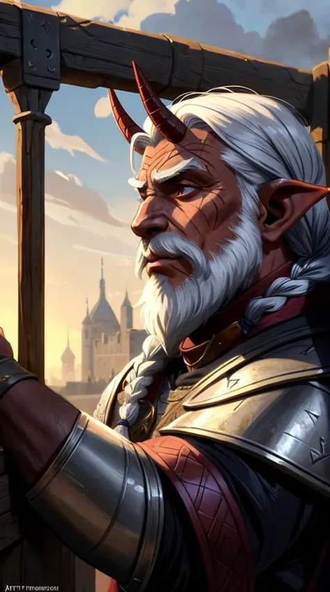 1 person, fullbody portrait of an old male Tiefling with long thin goat horns curled back from his eyebrows, (dark red skin: 1.8) covered with scars and wrinkles, a face smeared with white paint, ash-white hair and a long beard curled into braids, in leather armor with steel inserts, against the background of a medieval fantasy city, atmospheric scene, (((masterpiece))), best quality, hyperdetailed, (artstation:1.5), cinematic,