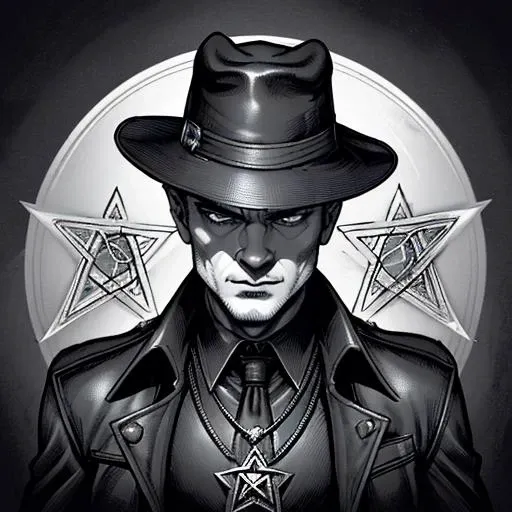 drawing illustration, black and white inkpen,, wizard,james marsters wearing a black trenchcoat and a black leather shirt, wearing a (pentagram:1.12) medallion, wearing a black stetson, closeup,hat turned downard, rugged magical cowboy