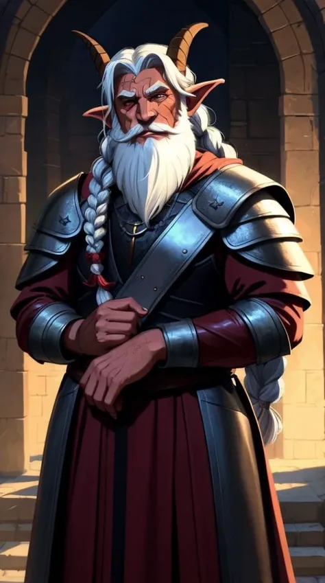 1 person, fullbody portrait of an old male Tiefling with long thin goat horns curled back from his eyebrows, (dark red skin: 1.8) covered with scars and wrinkles, a face smeared with white paint, ash-white hair and a long beard curled into braids, in leather armor with steel inserts, against the background of a medieval fantasy city, atmospheric scene, (((masterpiece))), best quality, hyperdetailed, (artstation:1.5), cinematic,