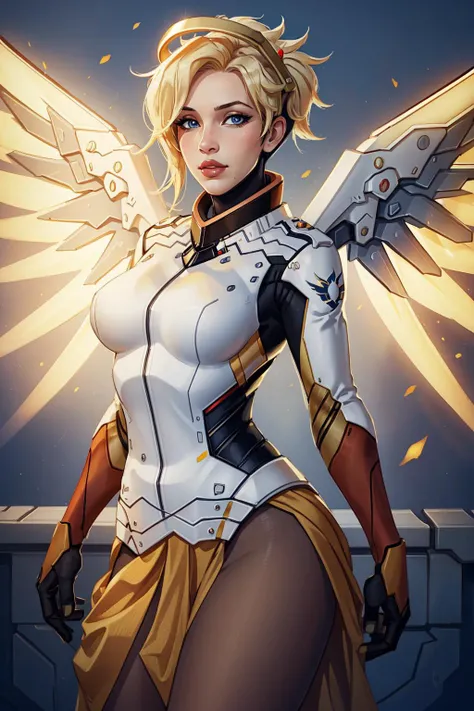 (masterpiece, best quality), intricate details,
1girl, <lora:mercy:0.8> 1girl, solo, mercy (overwatch), mechanical halo, breasts, blue eyes, blonde hair, pantyhose, mechanical wings, wings, halo, holding, bodysuit, cowboy shot, yellow wings, brown pantyhose, lips, gloves, pelvic curtain, black gloves,