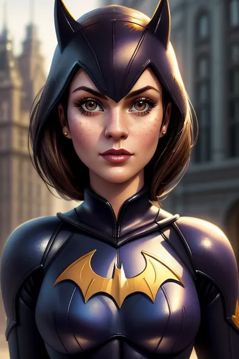 Tilt-shift photo of Closep photo portrait of Batgirl, atmospheric scene, masterpiece, best quality, (detailed beautiful face, detail skin texture, ultra-detailed body:1.1), . Selective focus, miniature effect, blurred background, highly detailed, vibrant, perspective control