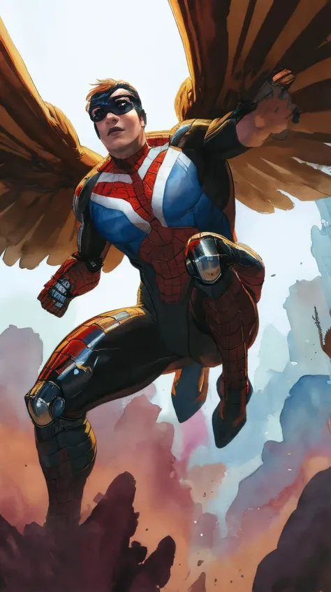 <lora:ARTSTYLE_EsadRibic_ownwaifu-15:0.7> ARTSTYLE_EsadRibic_ownwaifu Falcon brown skinned guy with red aviator goggles. Modern metallic suit with mechanical wings coming out of it. Flying. Colors of the american flag, watercolor \(medium\), watercolor, marvel, combat fighting stance, dynamic angle, masterpiece, best quality, high quality, highres