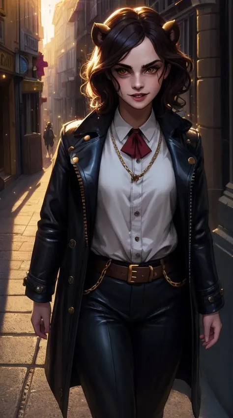 ((portrait)), A Tiefling with long thin twisted horns, dark red skin, curly black hair, an evil smile, glowing yellow eyes, lion fangs in the role of a Joker\(Joker 2019\), stands in a leather coat with metal chains, brass buttons against the background of a medieval city's night street, ((Portreitshoot)) directional look, cinematic composition, (intricately detailed, fine details, hyperdetailed), ultra-detailed, (backlight:1. 2) intricate, style-empire, (lens flare:0.7), particle effects, raytracing, cinematic lighting, shallow depth of field, photographed on a Sony Alpha 1, 50mm wide angle lens, sharp focus, cinematic film still, absurdity, 8k quality, diffuse lighting, highres, (dark shot:1.17), epic realistic, faded, ((neutral colors)), art, (hdr:1.5), (muted colors:1.2), hyperdetailed, (artstation:1.5), cinematic, (rutkowski), warm lights, dramatic light, (intricate details: 0.8), BREAK, RAW image, Epic scene, Masterpiece, (((Vector))), ((Comics style)), (acrylic paint:0.4), Masterpiece, (Emma Watson: 1.5), (detailed beautiful face + detail skin pores, imperfect skin, ultra-detailed body:1.3), open mouth, ((tongue)), (vet mouth), (((milk))), from the front, (acrylic paint:0.4), art, artstation, (disney cartoon:0.5), dull colors, (anime style:1.2)(((Vector))), ((Full body)), ((Comics style)),
