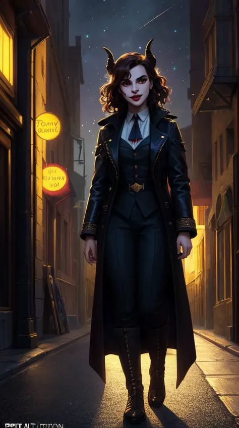 ((portrait)), A Tiefling with long thin twisted horns, dark red skin, curly black hair, an evil smile, glowing yellow eyes, lion fangs in the role of a Joker\(Joker 2019\), stands in a leather coat with metal chains, brass buttons against the background of a medieval city's night street, ((Portreitshoot)) directional look, cinematic composition, (intricately detailed, fine details, hyperdetailed), ultra-detailed, (backlight:1. 2) intricate, style-empire, (lens flare:0.7), particle effects, raytracing, cinematic lighting, shallow depth of field, photographed on a Sony Alpha 1, 50mm wide angle lens, sharp focus, cinematic film still, absurdity, 8k quality, diffuse lighting, highres, (dark shot:1.17), epic realistic, faded, ((neutral colors)), art, (hdr:1.5), (muted colors:1.2), hyperdetailed, (artstation:1.5), cinematic, (rutkowski), warm lights, dramatic light, (intricate details: 0.8), BREAK, RAW image, Epic scene, Masterpiece, (((Vector))), ((Comics style)), (acrylic paint:0.4), Masterpiece, (Emma Watson: 1.5), (detailed beautiful face + detail skin pores, imperfect skin, ultra-detailed body:1.3), open mouth, ((tongue)), (vet mouth), (((milk))), from the front, (acrylic paint:0.4), art, artstation, (disney cartoon:0.5), dull colors, (anime style:1.2)(((Vector))), ((Full body)), ((Comics style)),