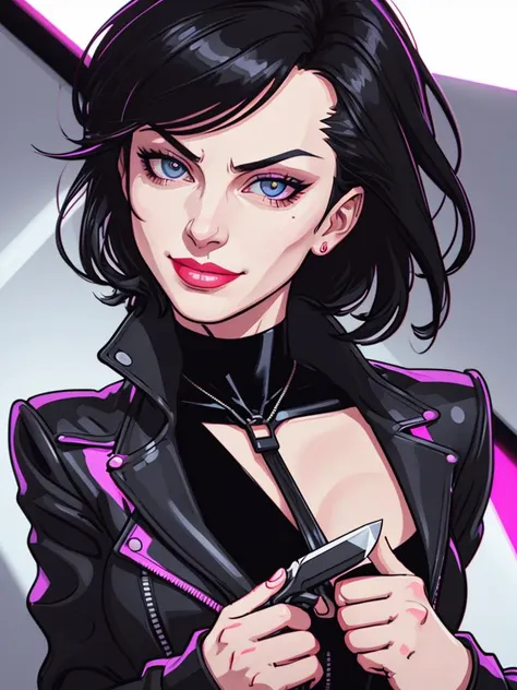 (vector:1.2), (a pop art painting:0.8), (line art:1.1), (flat colors), from below, sexy a woman with a knife, smirk, jacket with a large neckline, best quality masterpiece, photorealistic, detailed, 8k, HDR, broad light, high contrast, backlighting, bloom, light sparkles, chromatic aberration, sharp focus, RAW color photo, glare, brilliance, amazing fine detail,detailed face, (looking at viewer),