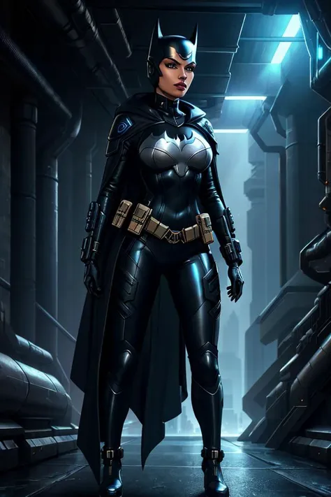 Techwear fashion Closeup fullbody portrait of female Batman, Steampunk Cave background, atmospheric scene, masterpiece, best quality, (detailed beautiful face, detail skin texture, ultra-detailed body:1.1), fantasy, feminine+, shiny wet skin, looking at viewer, modelshoot style, (extremely detailed CG), photo of beautiful artwork, High Detail, Sharp focus, dramatic+, (photorealistic), Intricate, handsome, . Futuristic, cyberpunk, urban, tactical, sleek, dark, highly detailed