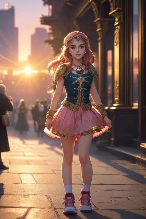 (Art Photography, Award Winning) 04EmWa05 girl is wearing a tiny pink miniskirt and top and pink sneakers),in New York, by Steve McCurry, 35mm, F/2.8, ((Photo Focus, DOF, Aperture, insanely detailed and intricate, character, hypermaximalist, elegant, ornate, beautiful, exotic, revealing, appealing, attractive, amative, hyper realistic, super detailed, heresy flares), (DOF, blurry background, sunset in the back of the character)Lens Flare, Heresy flare <lora:EmWa:0.9>